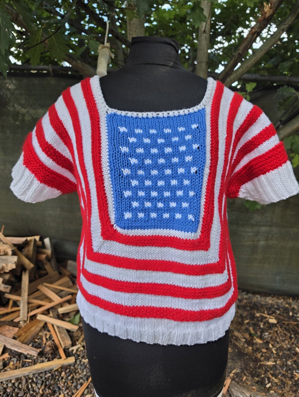 Vtg Handmade Patriotic Knit Top Americana Folk Art Craftcore Festival Quirky